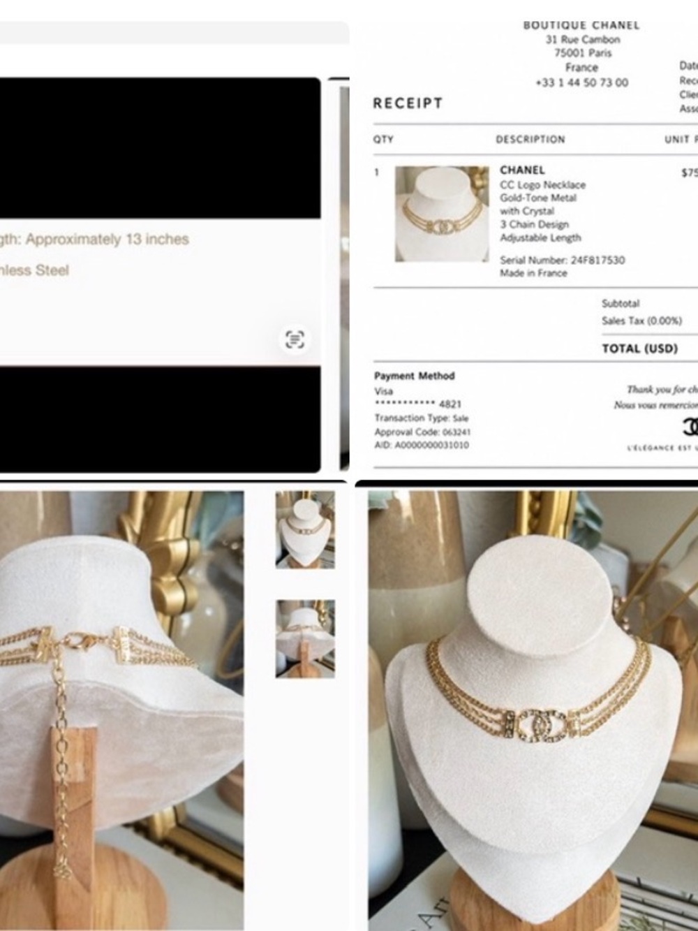 CHANEL Gold-Tone Double Chain CC Logo Necklace with Crystal AccentSTAINLESS STEE